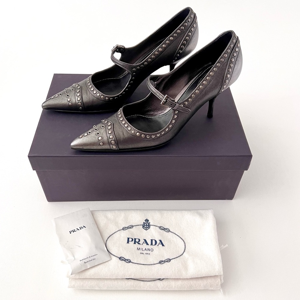 New PRADA | Dark Gray Metallic Studded Mary Jane Pointed Pumps Heels EU 38 New - Picture 2 of 15